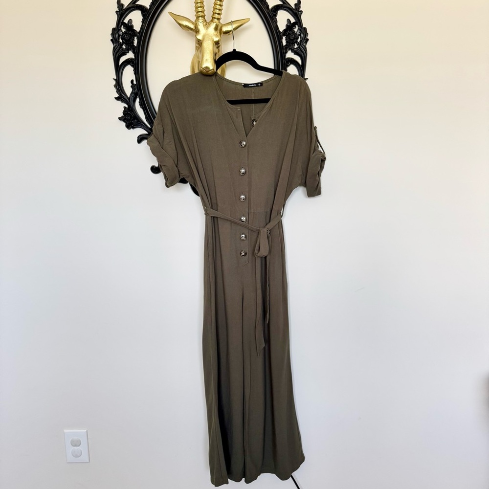 Annabelle Olive Khaki Button-Front Cropped Wide Leg Jumpsuit